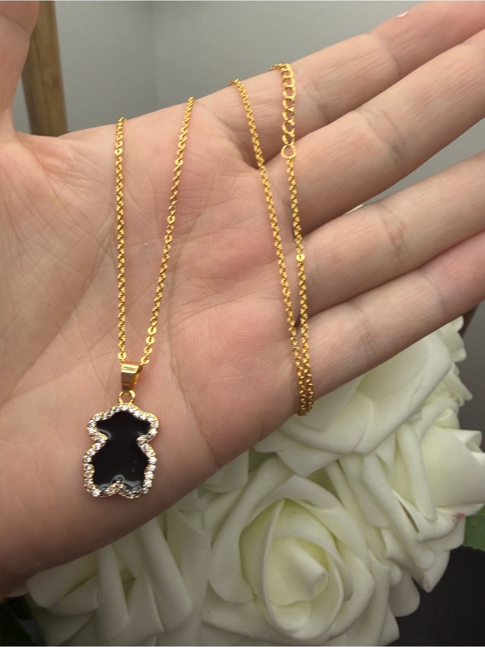 Gold Plated Black Teddy Pendant Necklace for Women